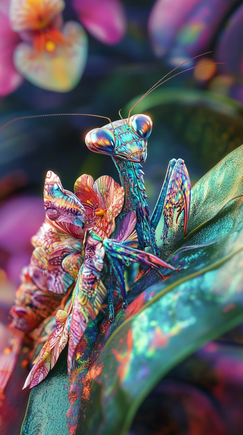 Colorful digital mantis with floral and reptile textures