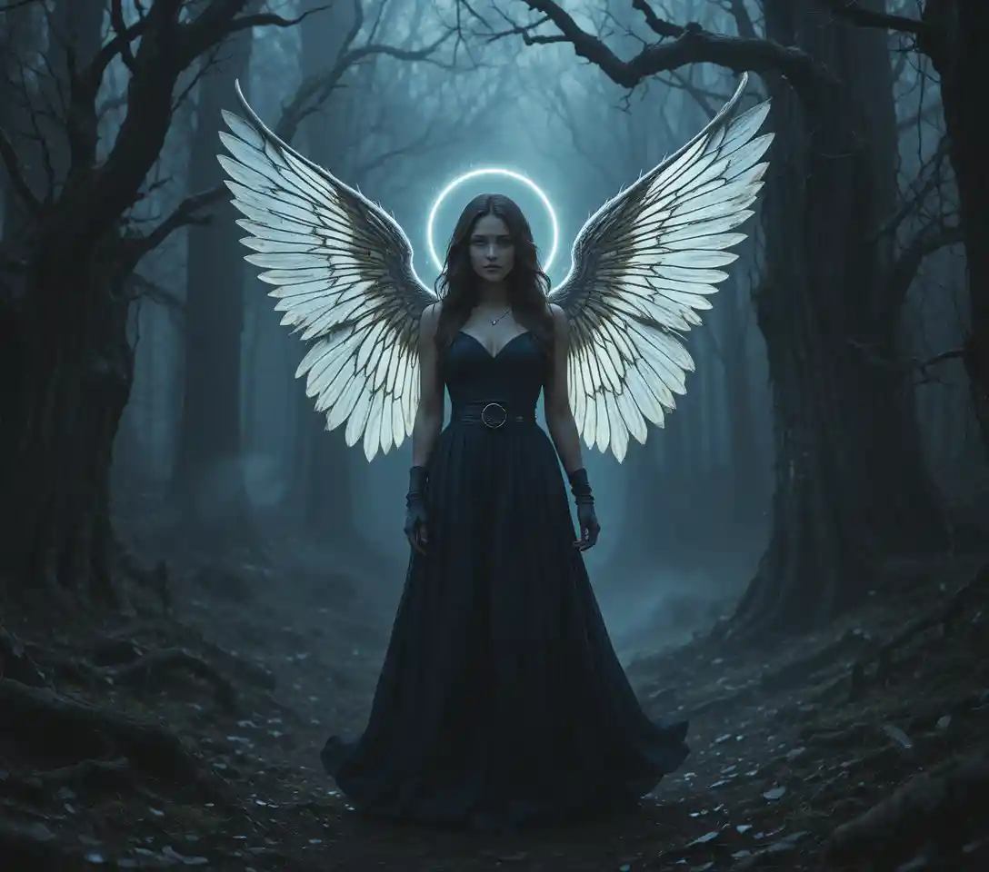 Mulher angelical brilhando em uma floresta escura e retorcida