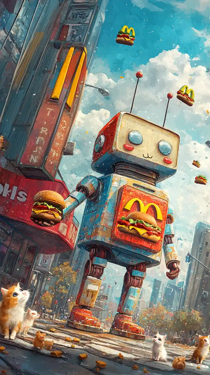 Playful robot sharing burgers with cute baby animals
