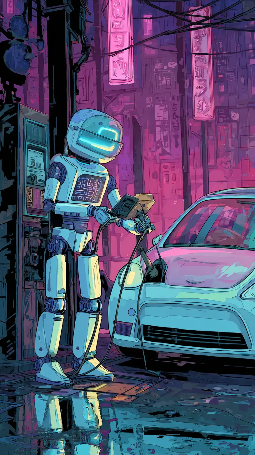 Roboter lädt ein Elektroauto an futuristischer Neon-Tankstelle