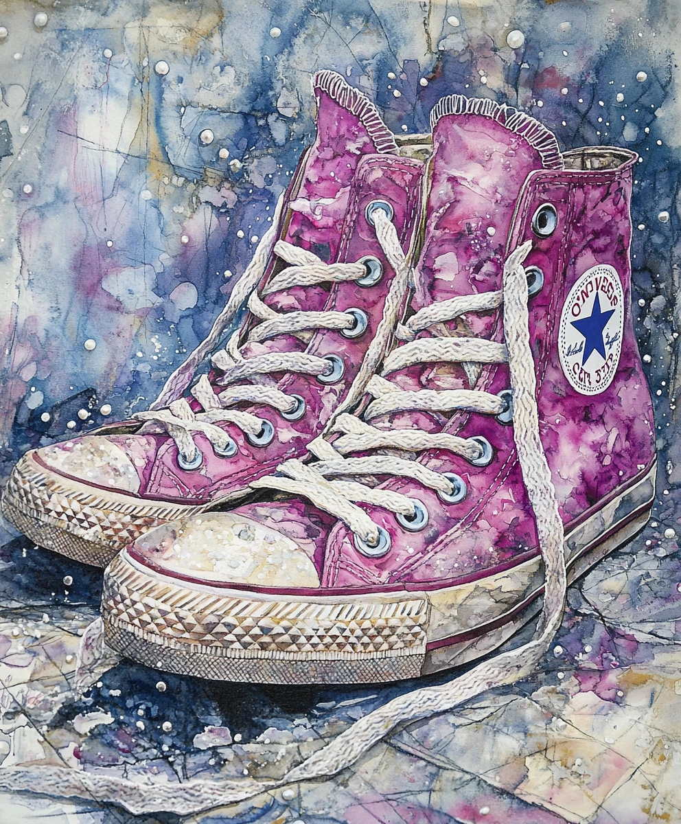 Sneakers Converse rosa con lacci di perle in pittura a inchiostro