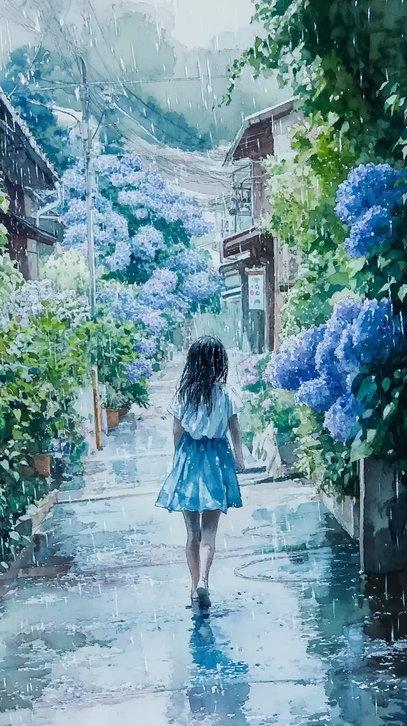 Young girl on a hydrangea street after the rain