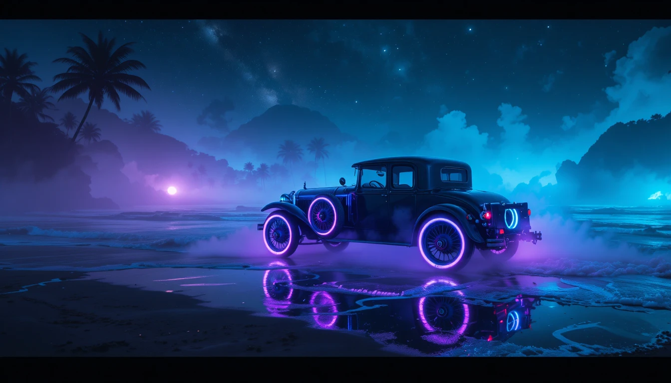 Carro vintage neon flutuando sobre uma praia cósmica enevoada