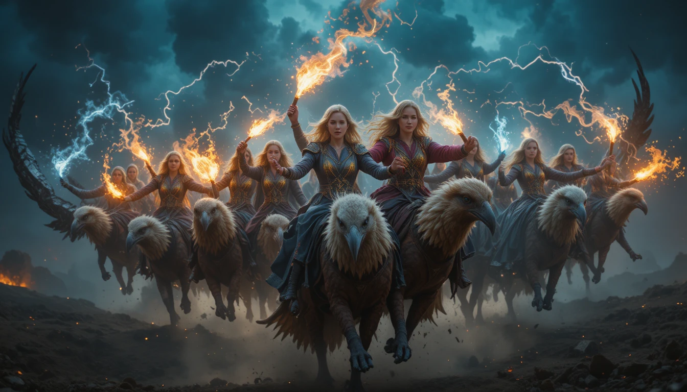 Battle mage women riding giant birds in night sky