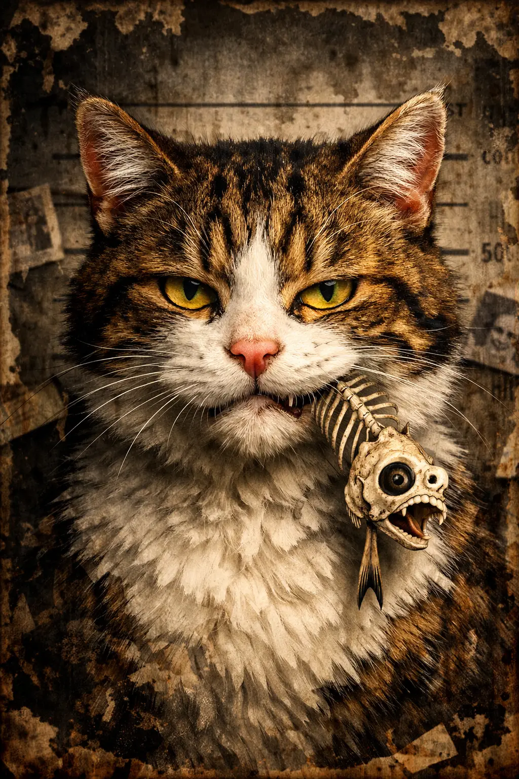 Cinematic wanted style portrait of a smug tabby cat