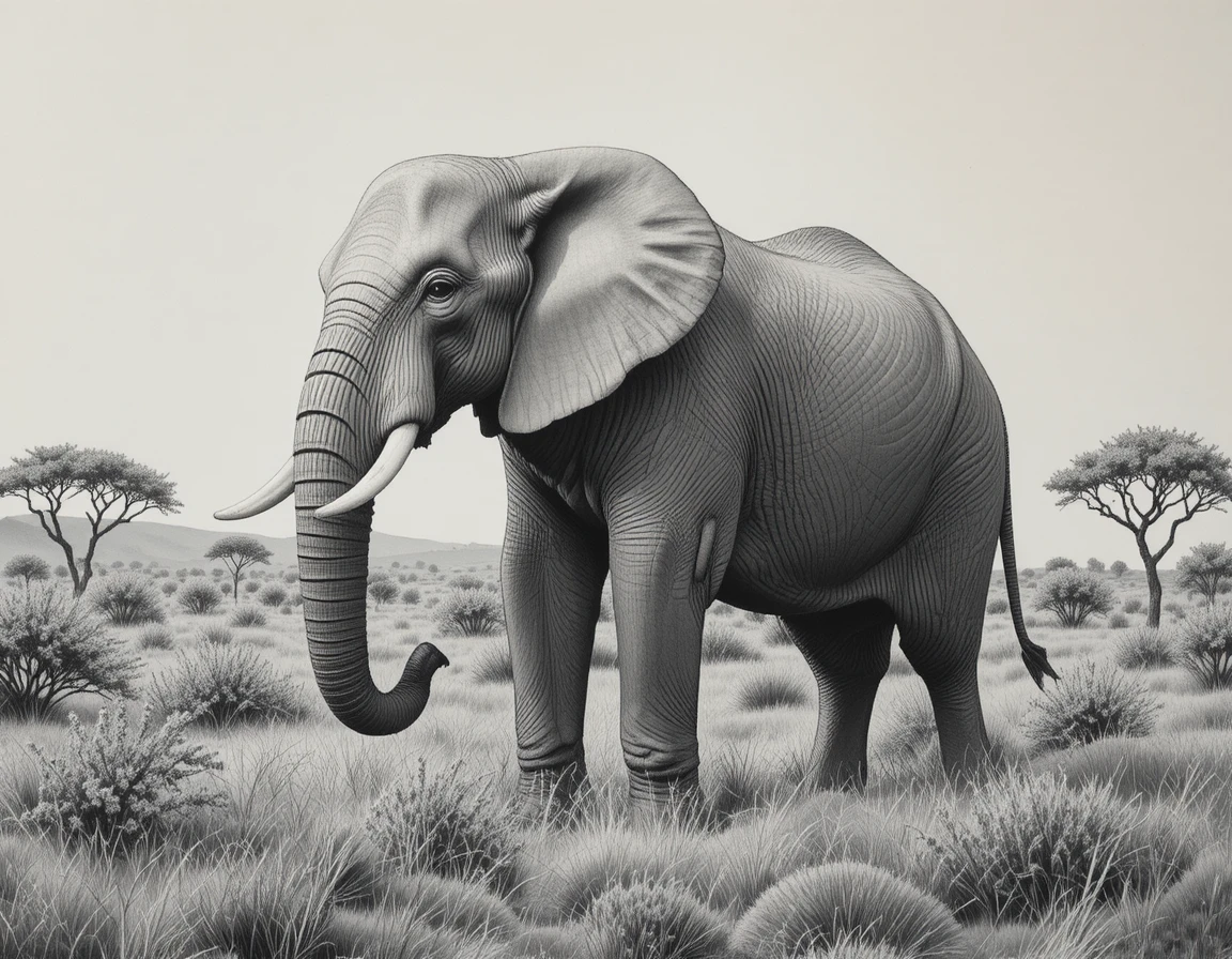 Elefante africano majestoso em savana serena em desenho a lápis