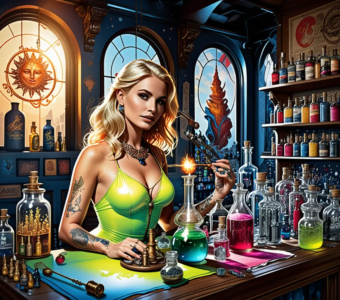 Sonnendurchflutete Fantasy-Apotheke mit blonder Frau beim Tränke brauen