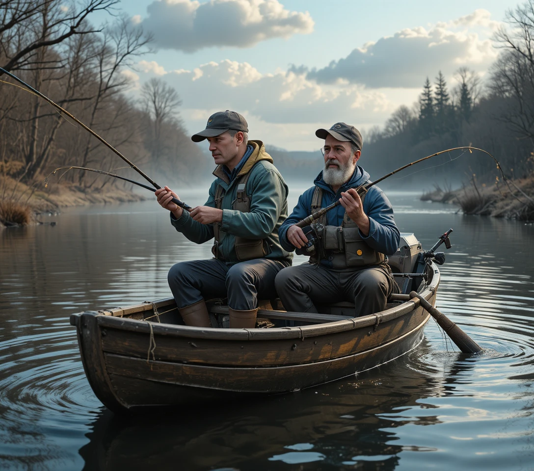 Two fishermen in a wooden boat on a peaceful lake