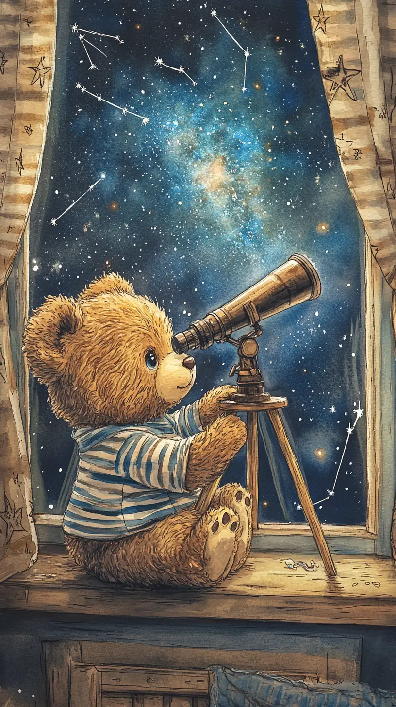 Osito de peluche tierno en la ventana mirando el cielo nocturno estrellado