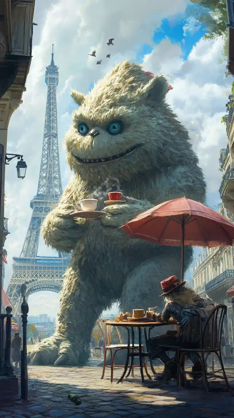 Gentle Furry Monster Sipping Tea At A Paris Cafe