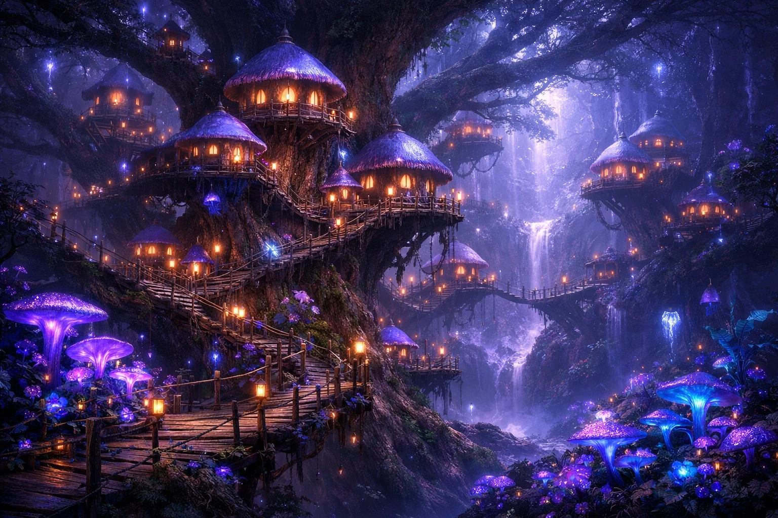 Verspieltes Baumhausdorf, das in einem uralten Wald leuchtet
