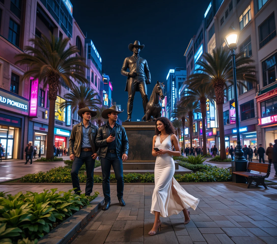 Cena urbana noturna com estátua de cowboys e mulher