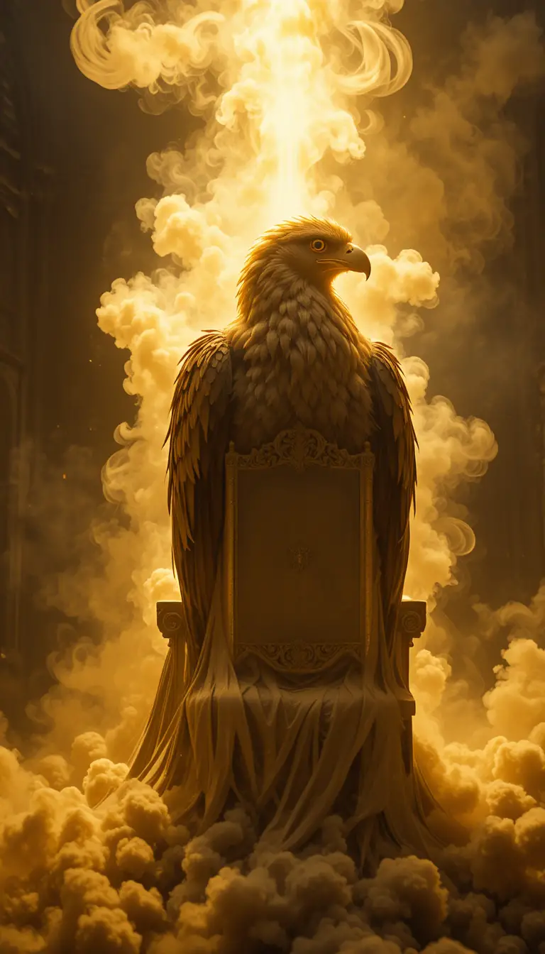 Majestic eagle rising from glowing golden neon smoke