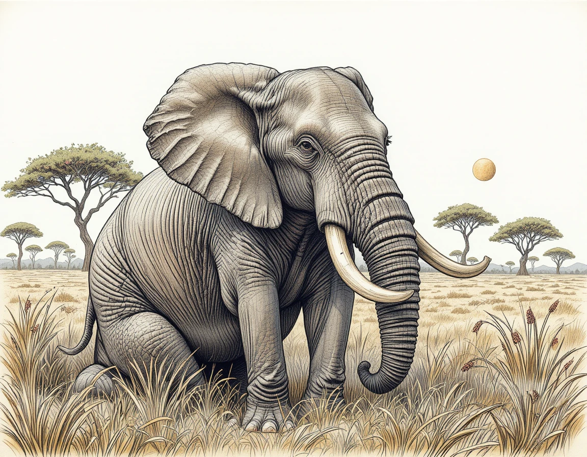 Elefante africano em cena detalhada de savana com lápis de cor