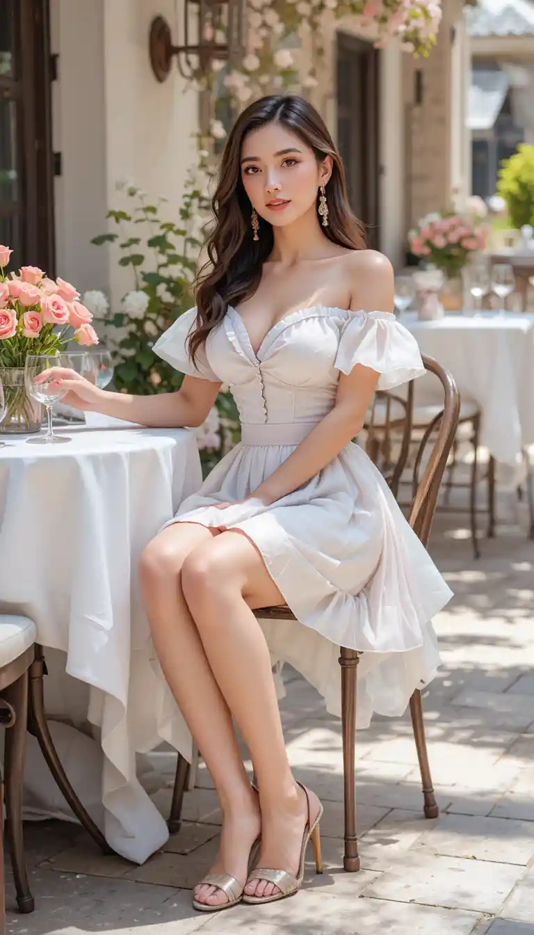 Donna elegante seduta al ristorante all’aperto alla luce del sole