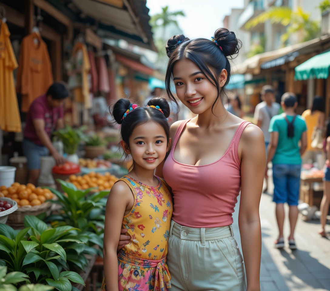 Mère et fille asiatiques souriantes dans un marché de rue animé