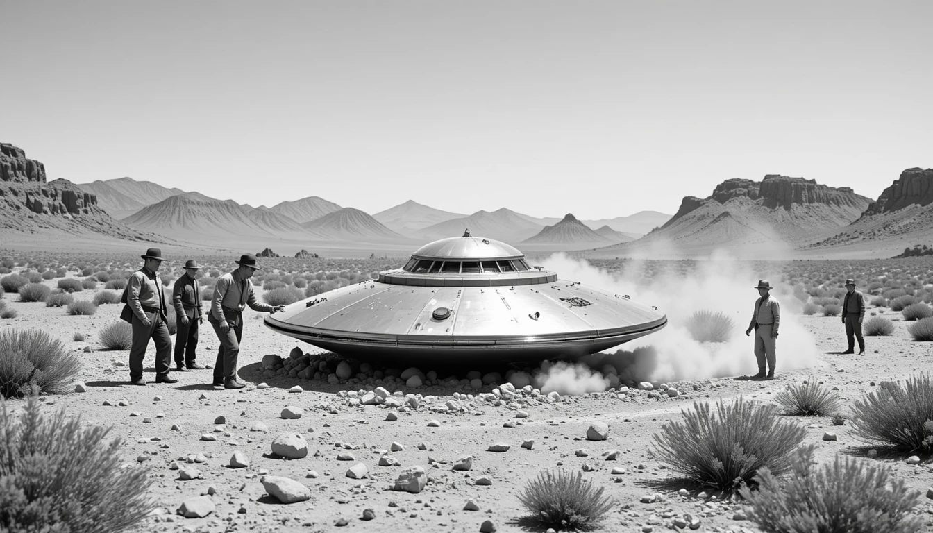 Men inspect crashed flying saucer in barren desert landscape
