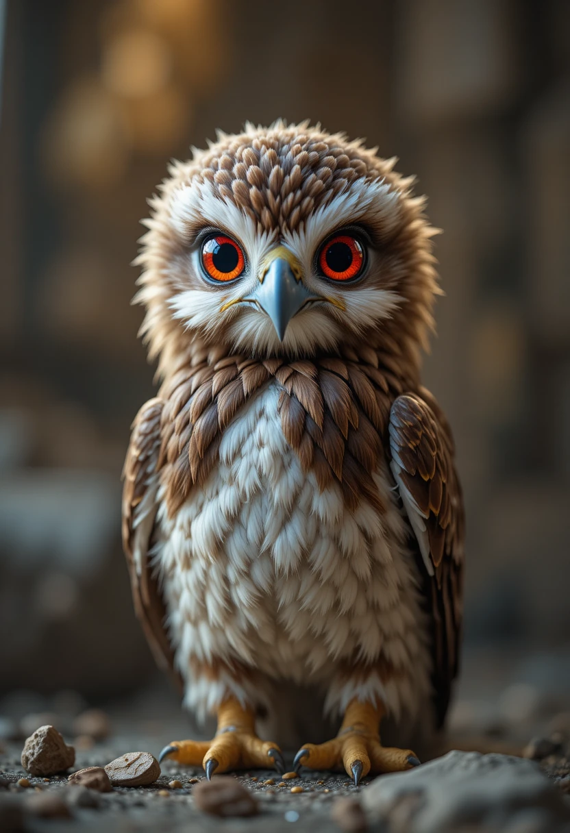 Neugieriger Adler mit leuchtend roten Augen im weichen Studiolicht
