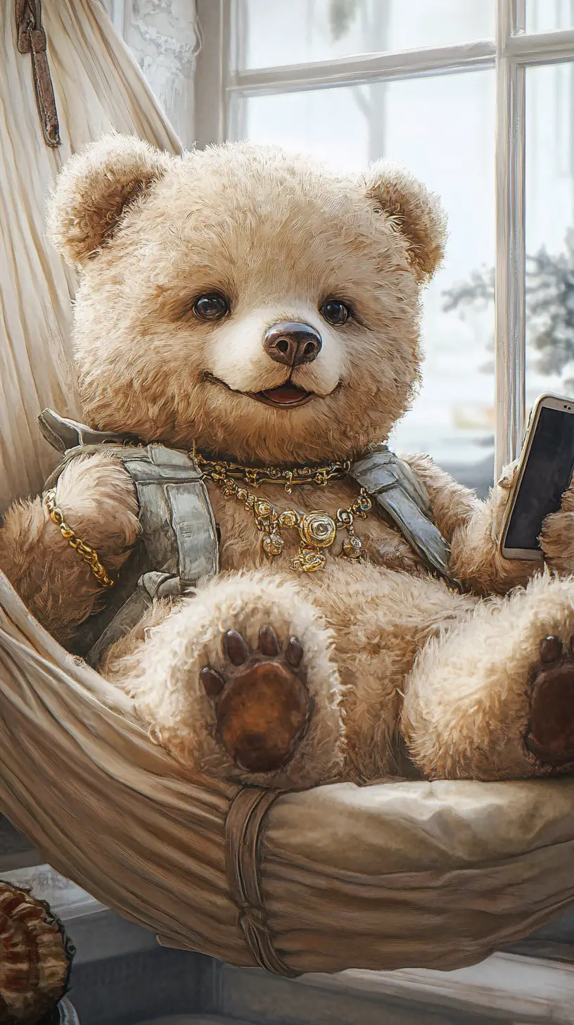 Osito de peluche sonriente en una hamaca con teléfono en estilo acuarela
