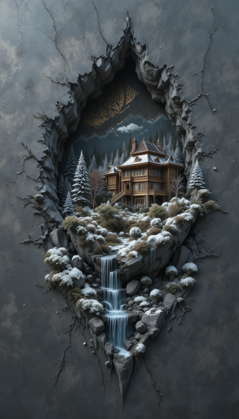 Palácio 3D surreal emergindo de uma parede de granito escuro