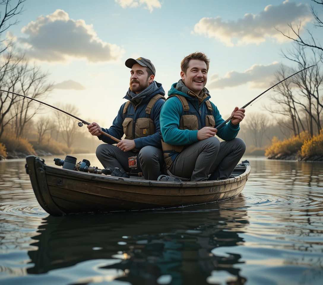 Two fishermen in a wooden boat on a tranquil morning lake