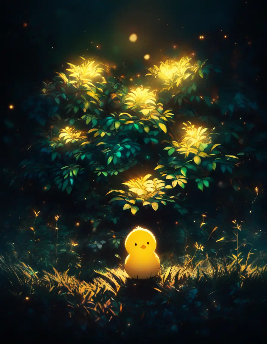 Glowing Baby Chick In Dark Night Fantasy Scene