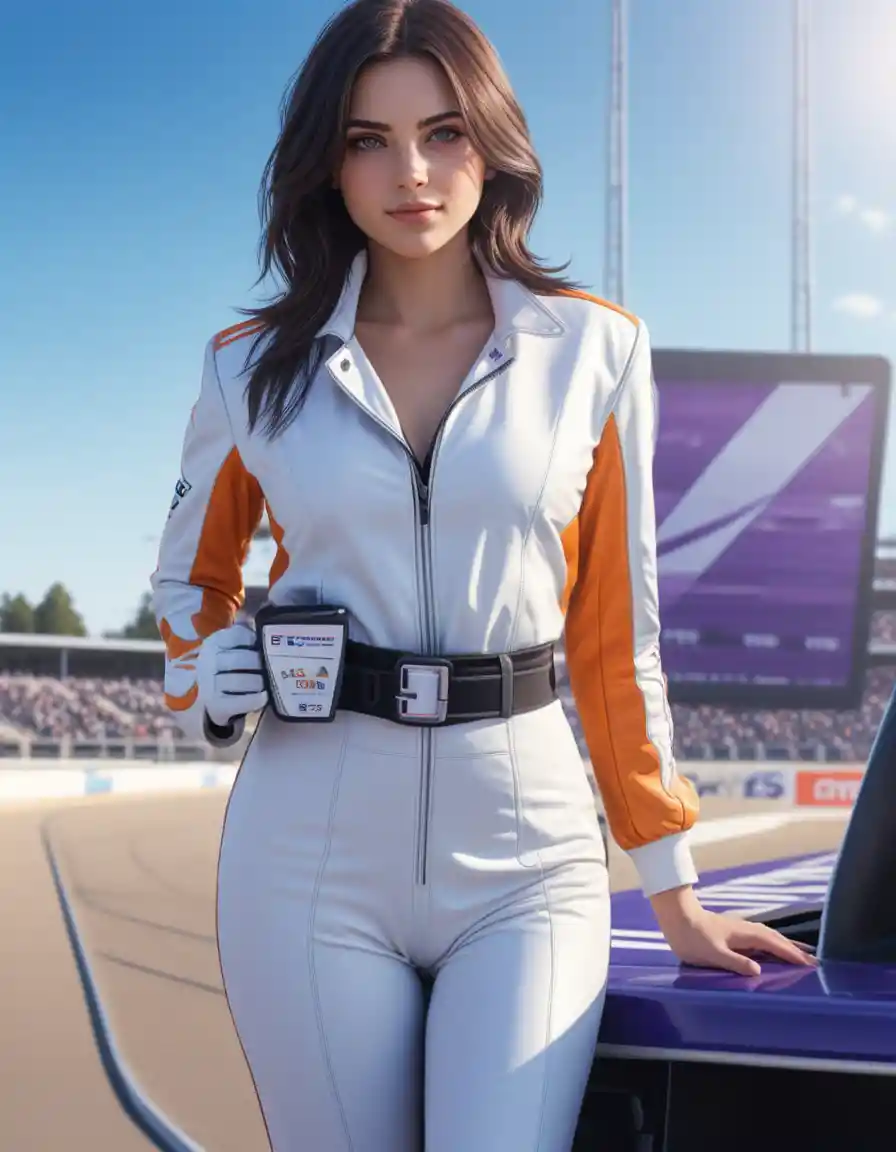 Anime girl in racing suit at sunny race track