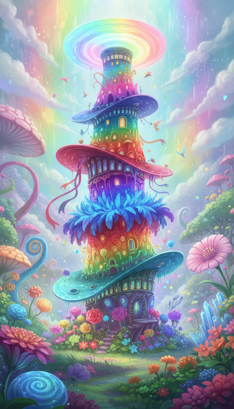 Whimsical hat tower rising over a glowing fantasy garden
