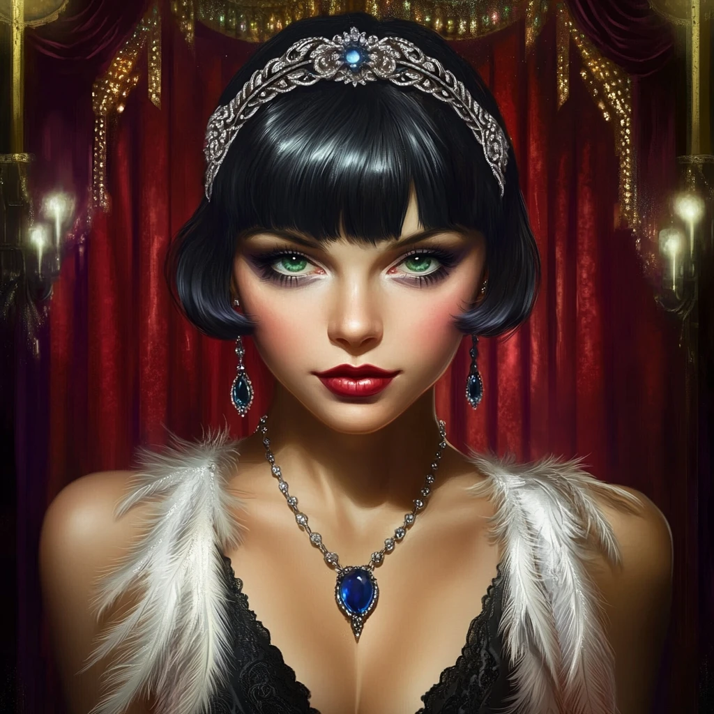 Art deco flapper woman on a spotlighted theater stage