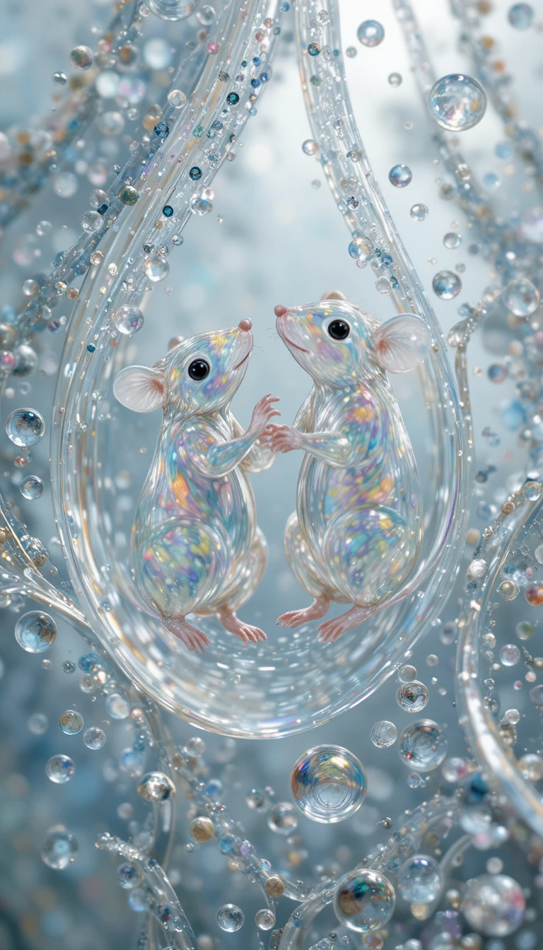 Souris en vitrail macro dans des gouttes de verre translucides