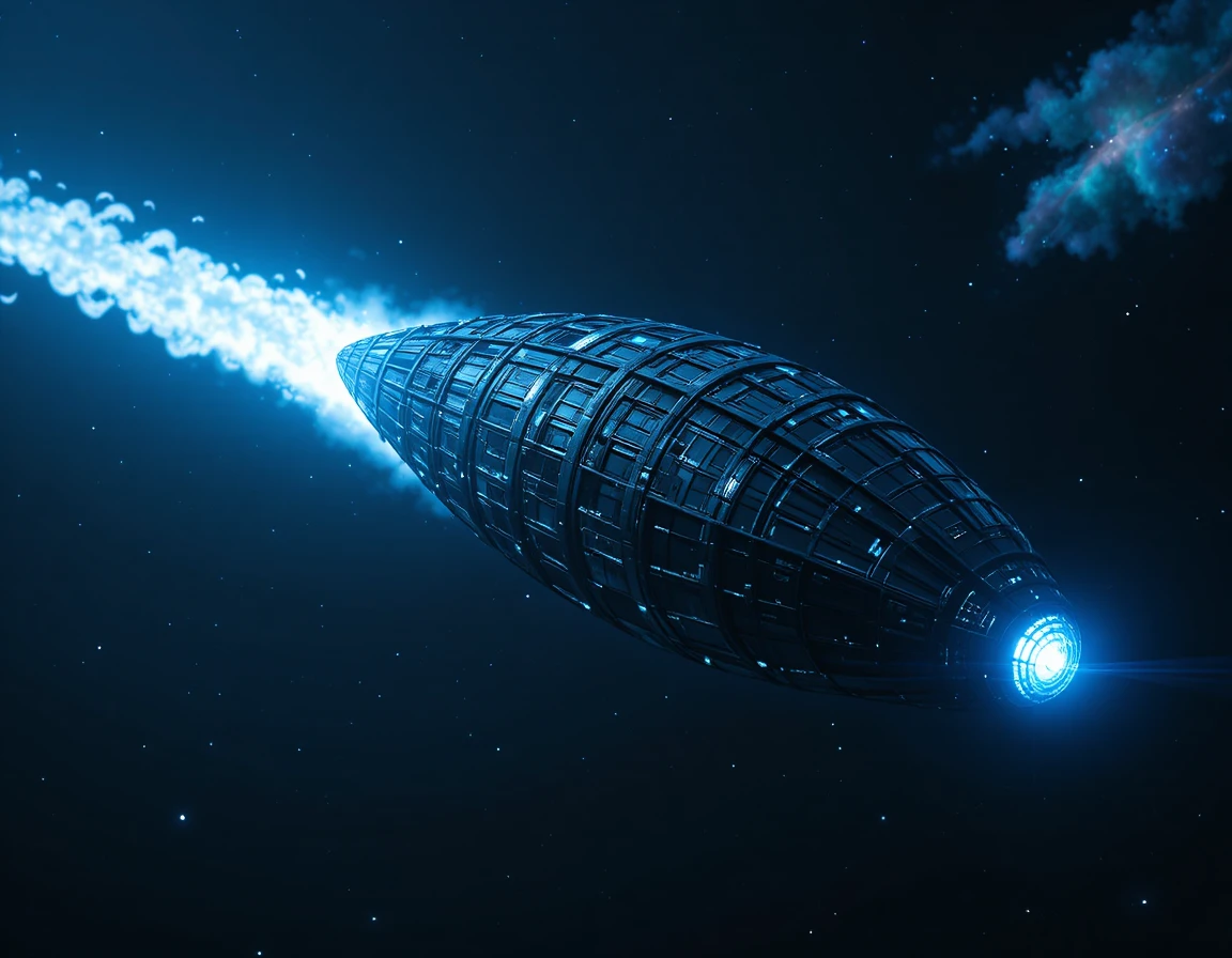 光り輝く深宇宙を疾走する巨大なエイリアン宇宙船