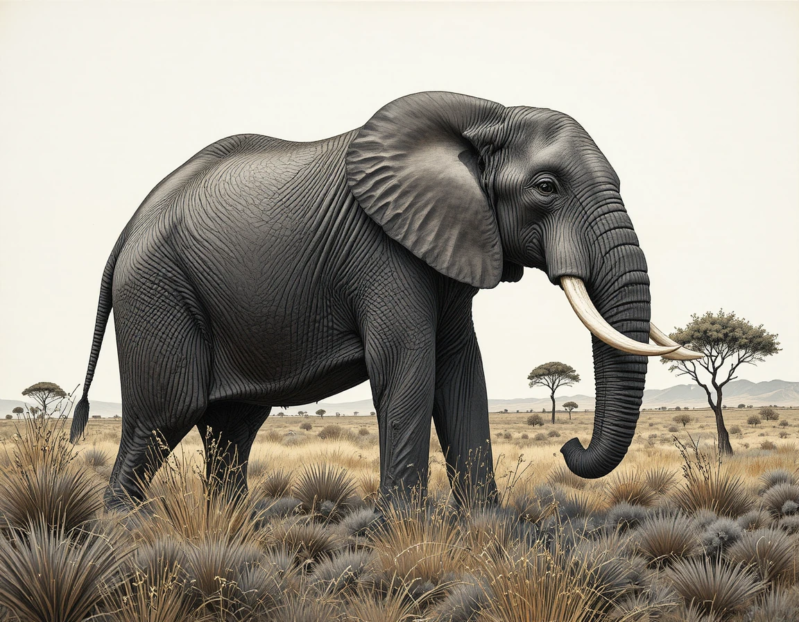 Elefante-africano majestoso em um desenho detalhado da savana a lápis