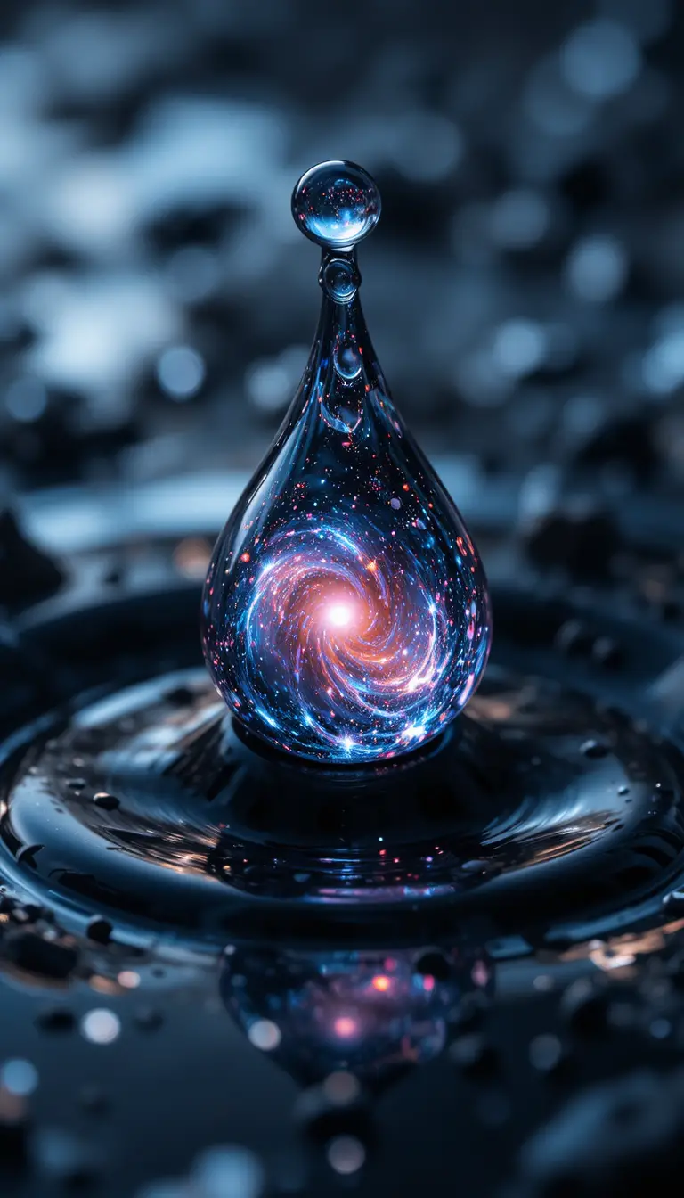 Goutte de liquide cosmique éclaboussant une surface d’obsidienne sombre