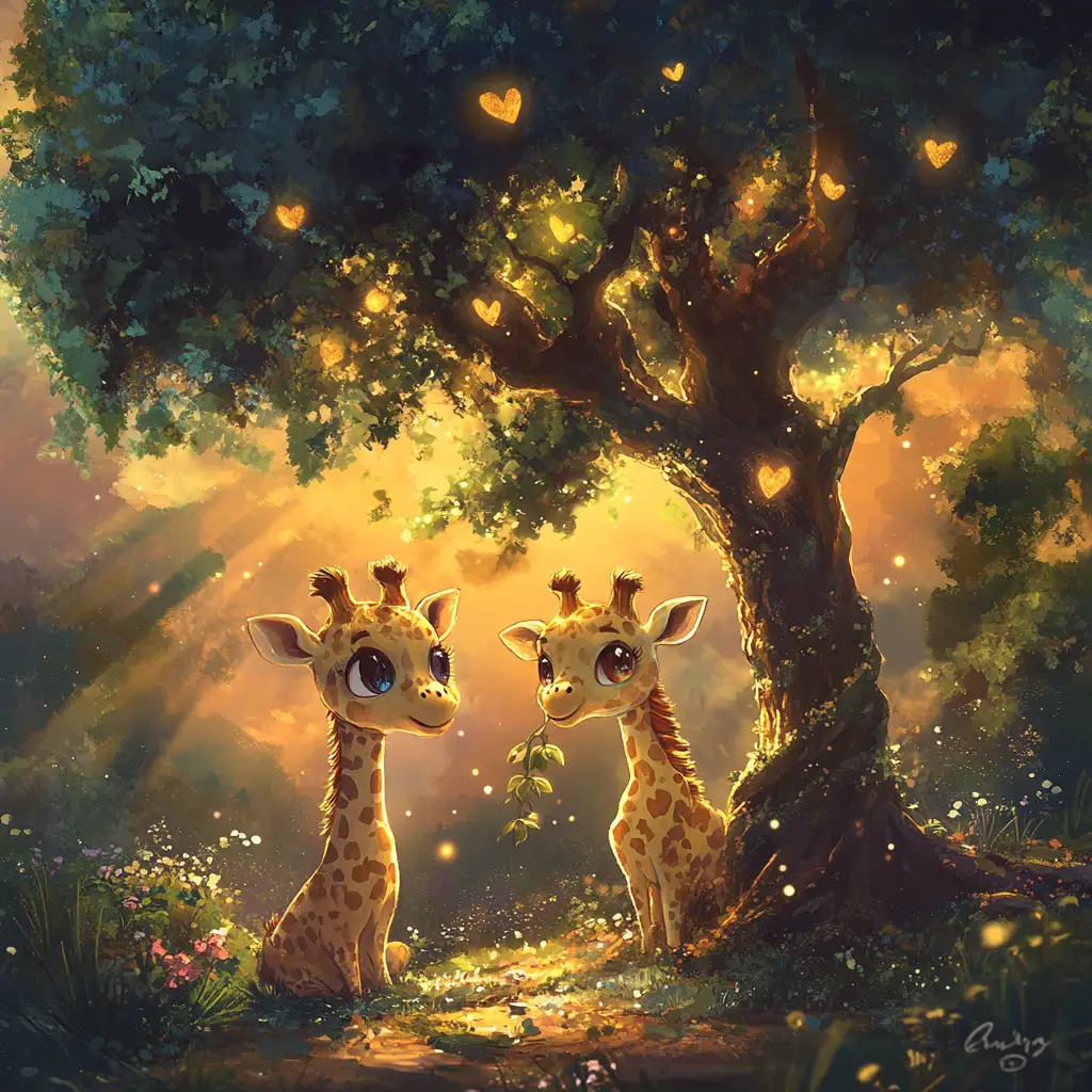 Due giraffe chibi che condividono foglie sotto un albero luminoso