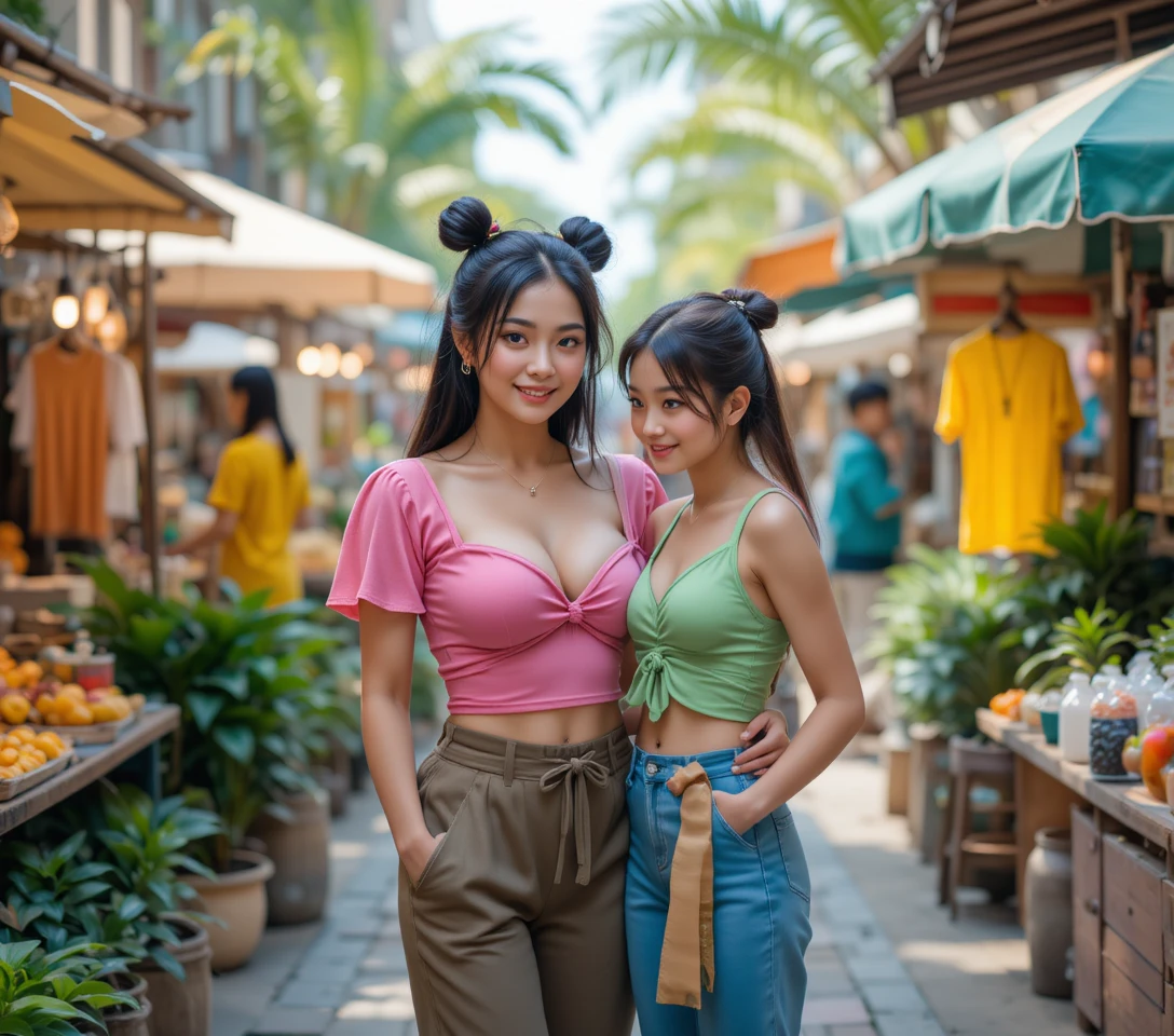 Mère et fille souriantes dans un marché de rue coloré