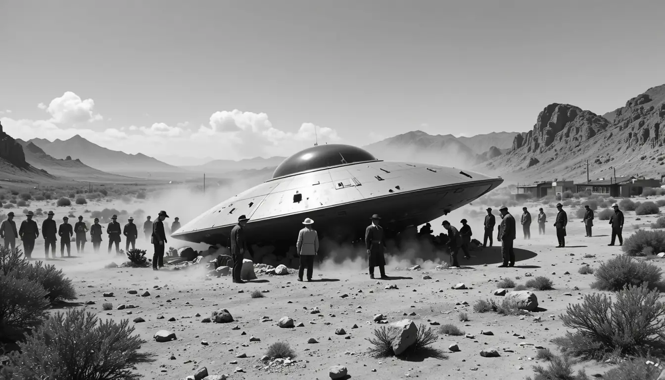 Men Inspect A Crashed Flying Saucer In Desert Landscape