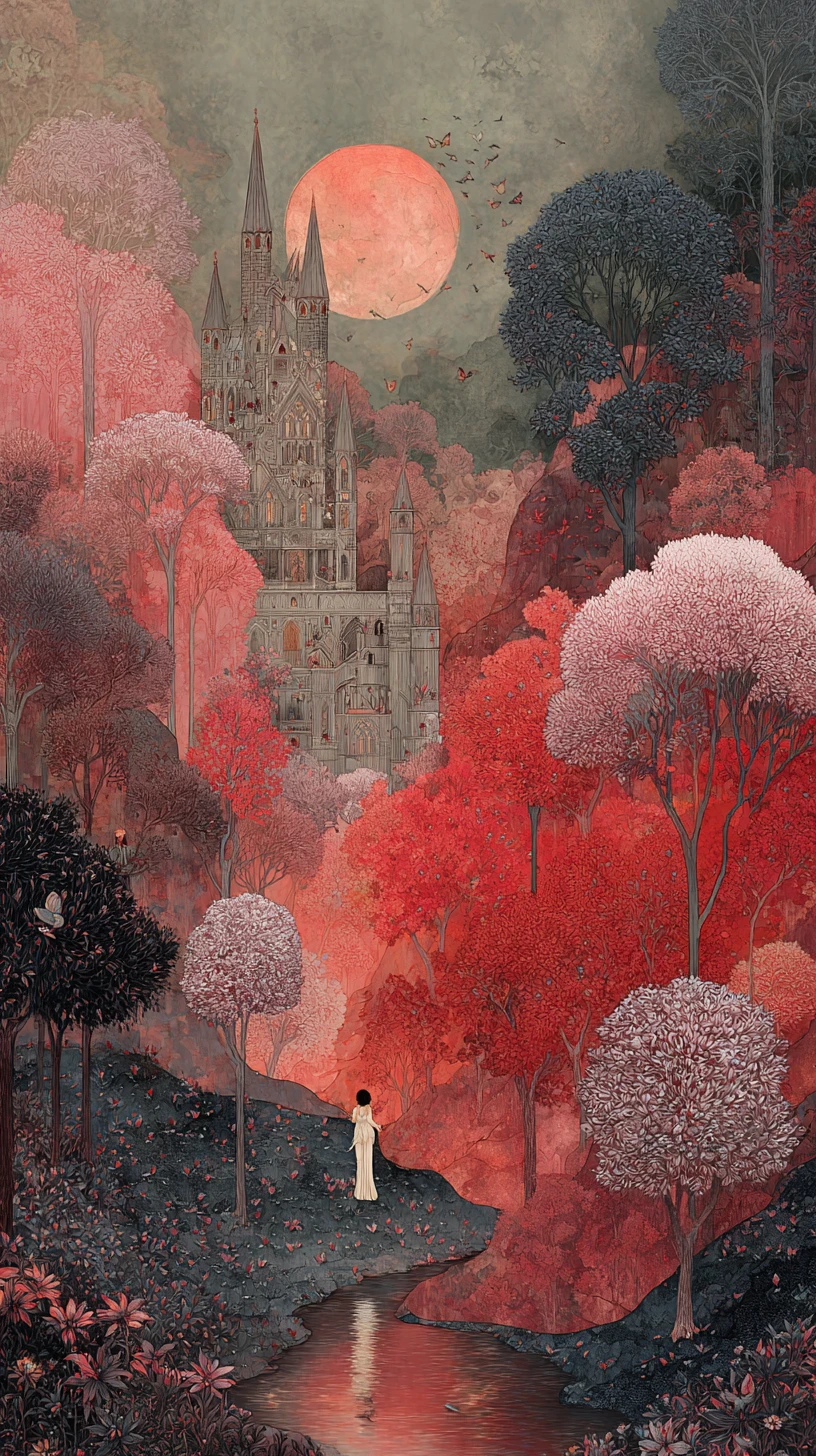 Paisagem surreal alegre em tons quentes de rosa e índigo
