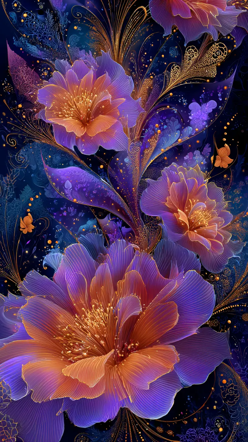 Fiori di fantasia surreale che brillano su uno sfondo ornamentale scuro