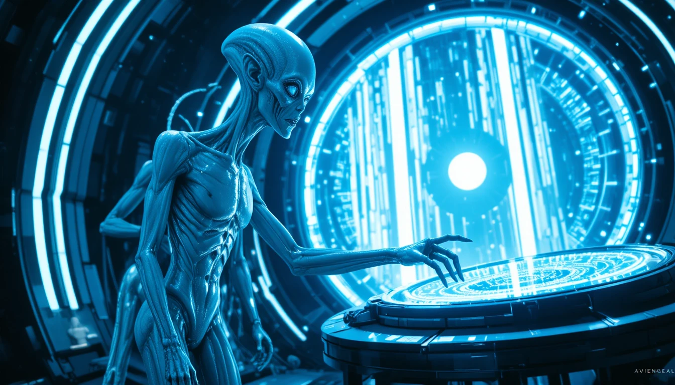 Alienígena azul alto alcançando um console de energia brilhante