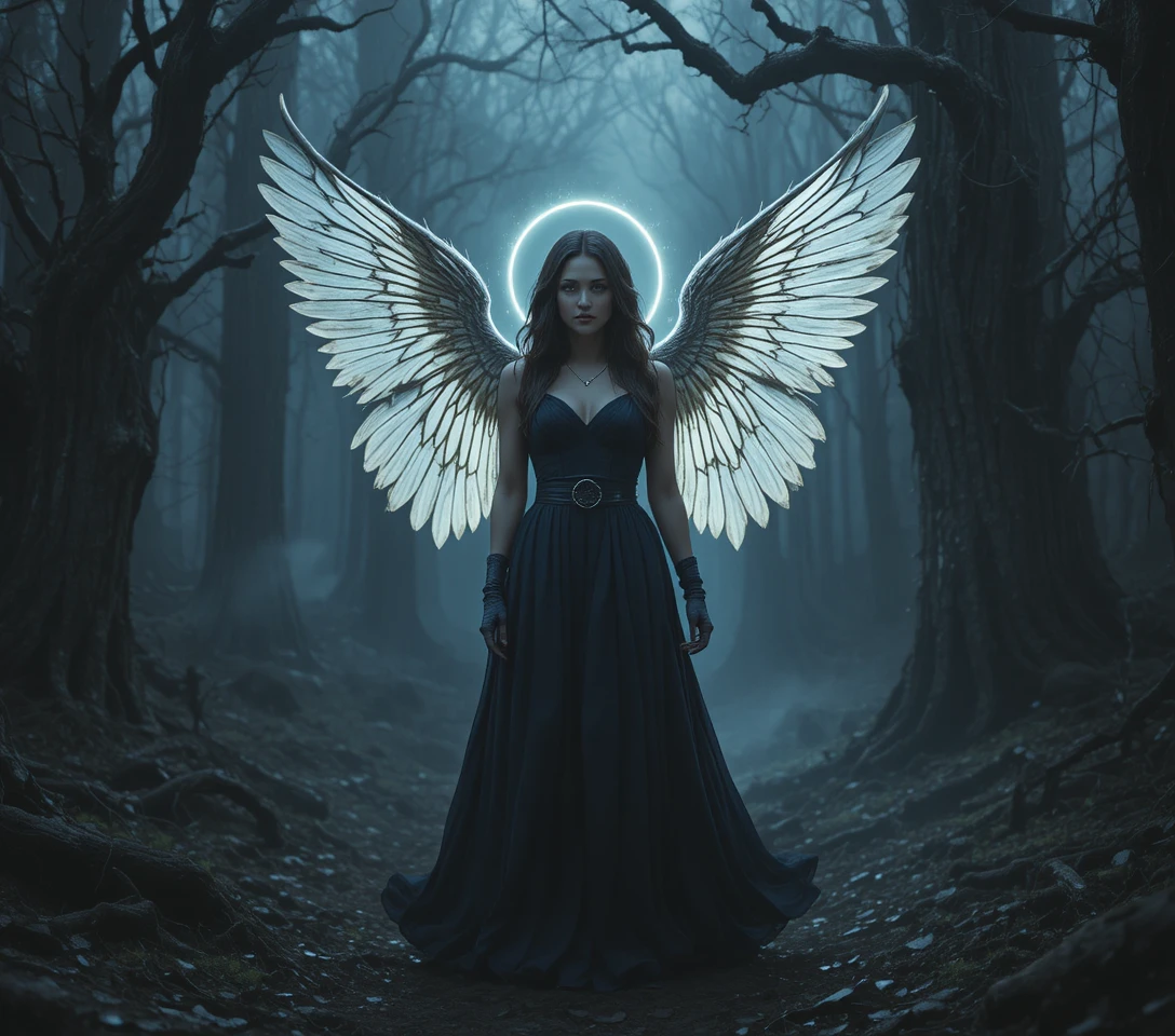 Mulher angelical brilhando em uma floresta escura e retorcida