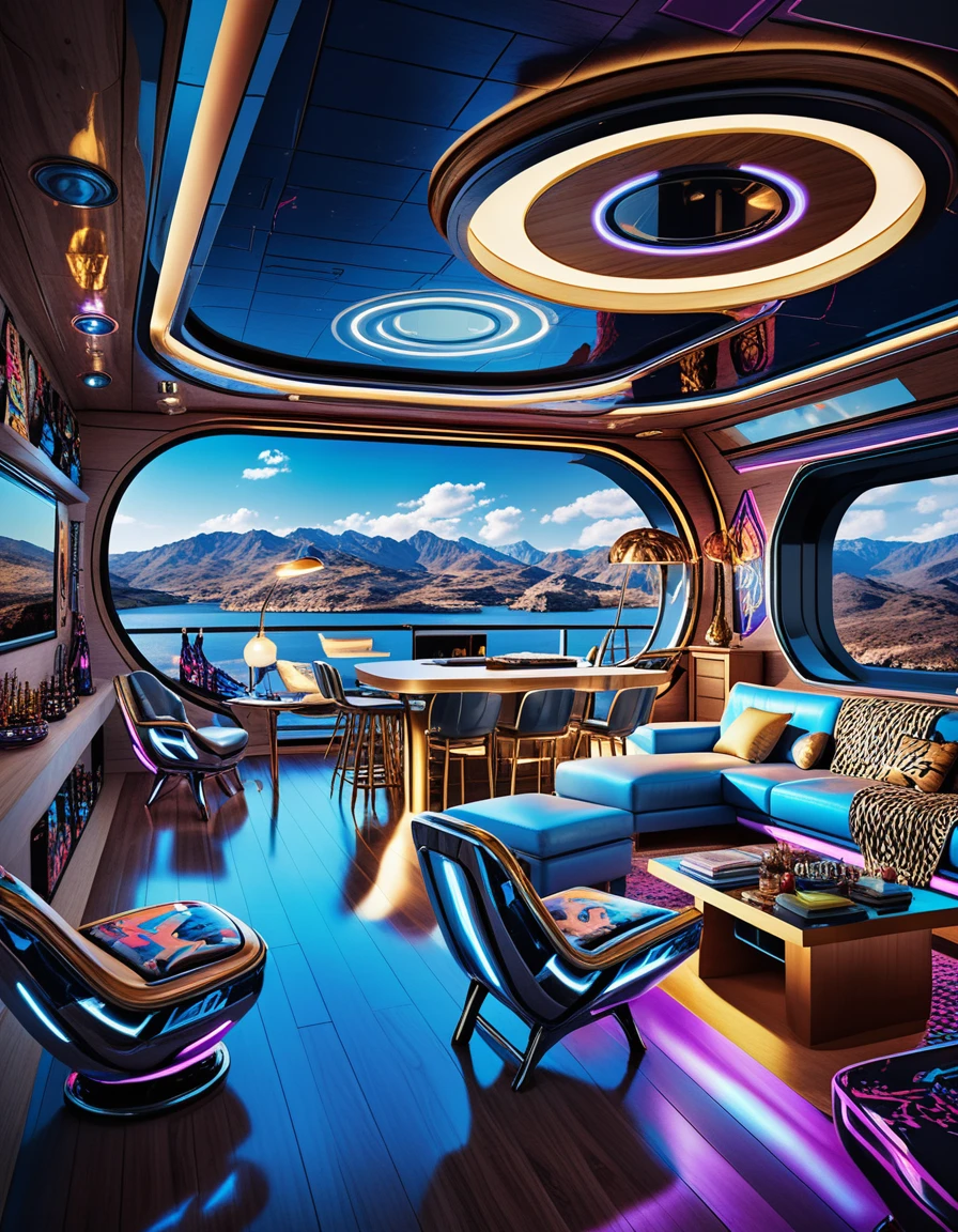 Futuristisches luxuriöses Hausboot-Interieur, das vor dunklen Bergen leuchtet