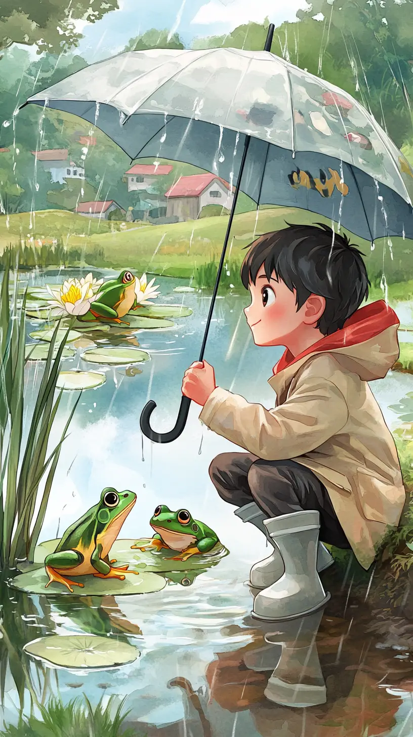雨中村莊池塘旁看青蛙的動漫男孩