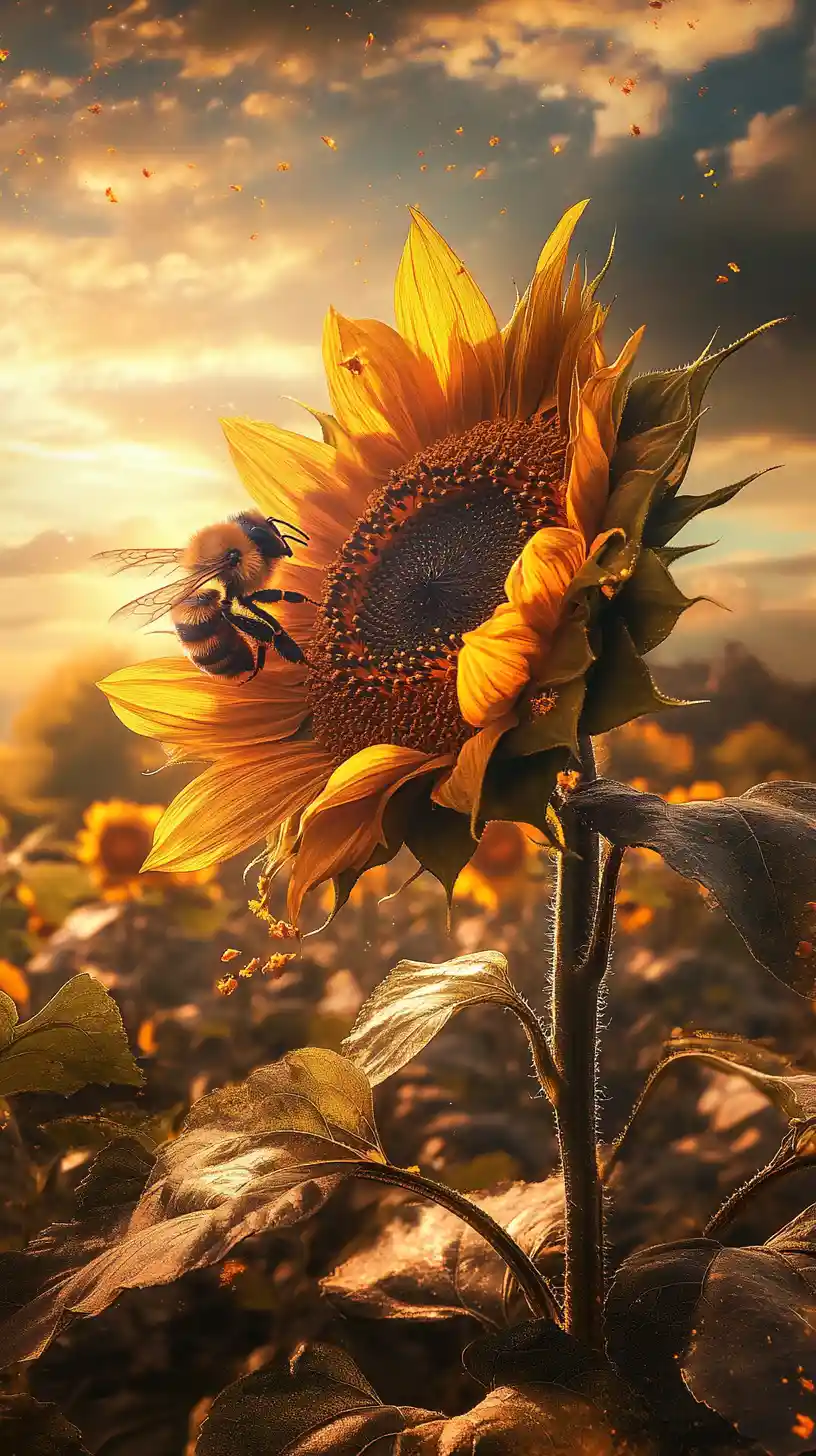 Sunflower and honeybee fused with a radiant fairytale sun