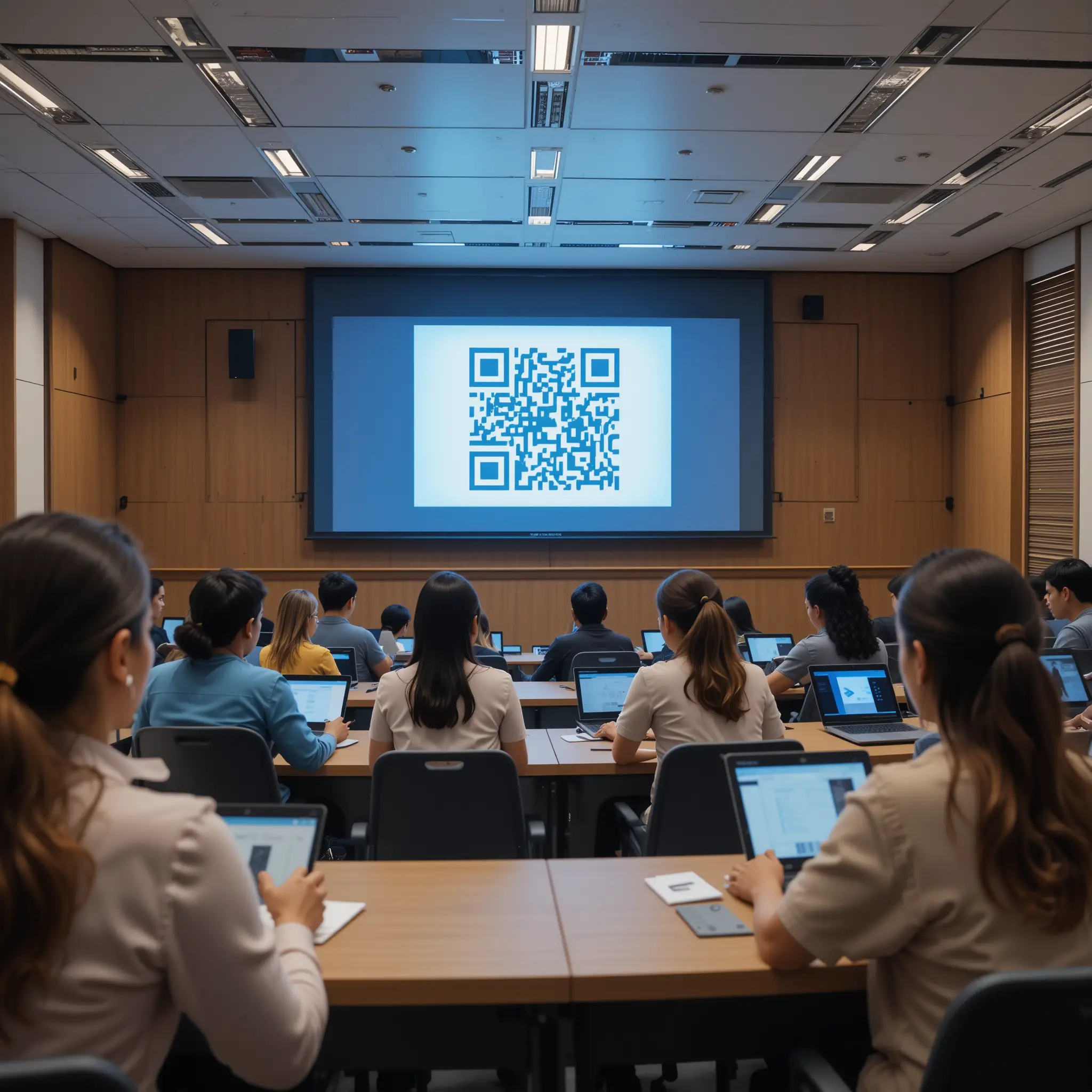 Modern classroom with students using technology and qr code
