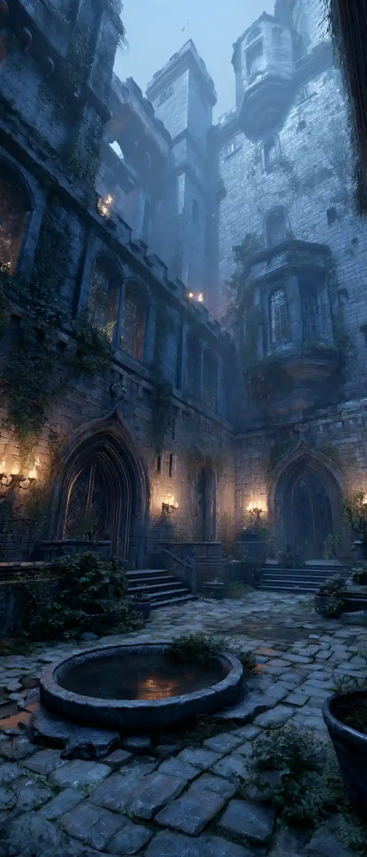 Dark fantasy castle courtyard under moonlit twilight
