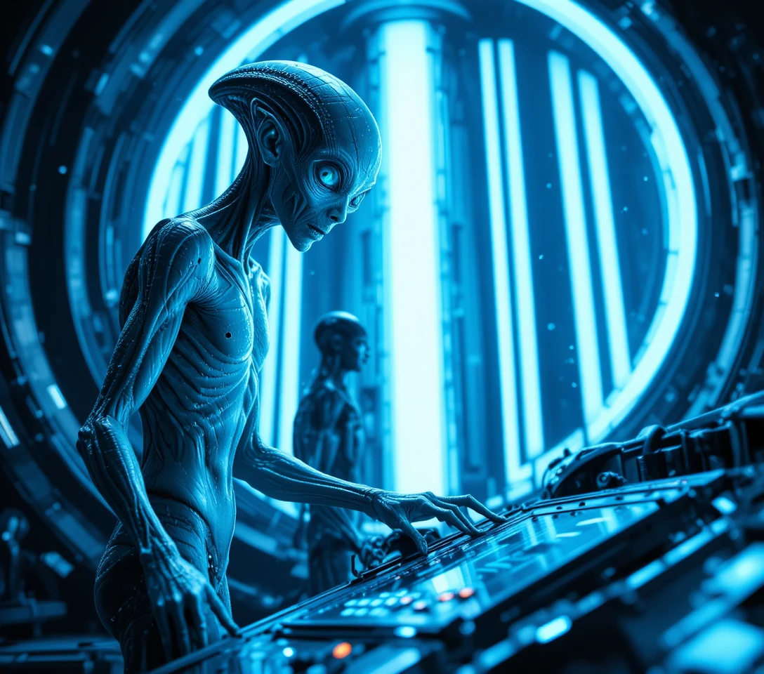 Alienígena azul alto alcançando um console futurista luminoso