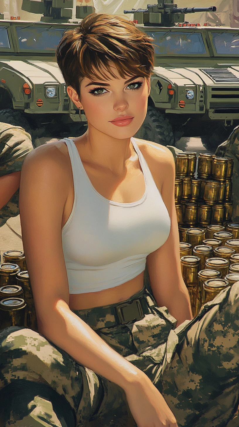 Off duty female soldier sitting on ammo tins in sunlight