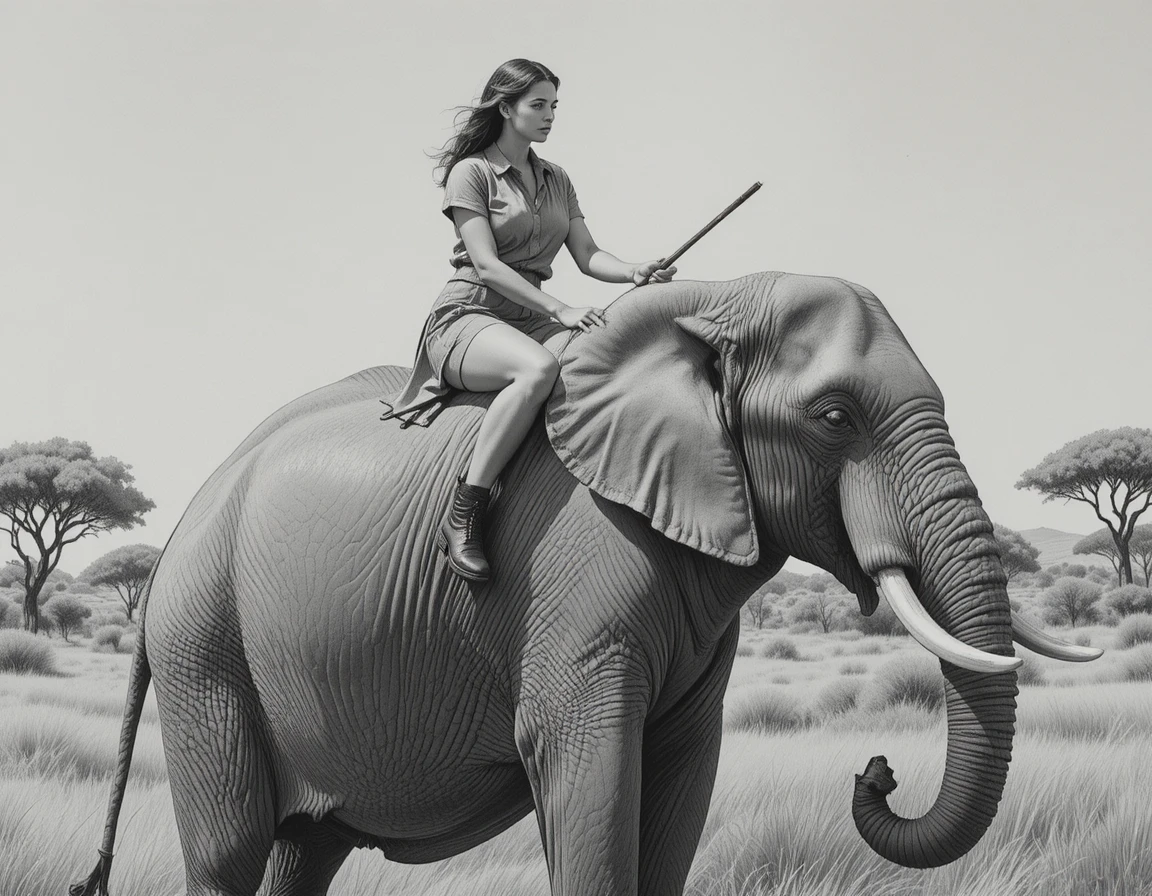 Woman warrior on african elephant in savanna pencil drawing