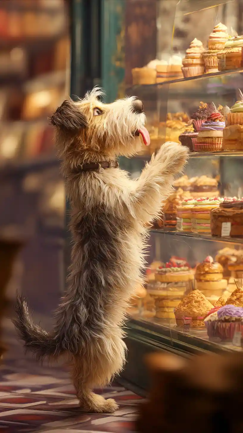 Scruffy dog eyeing cakes inside a cozy bakery