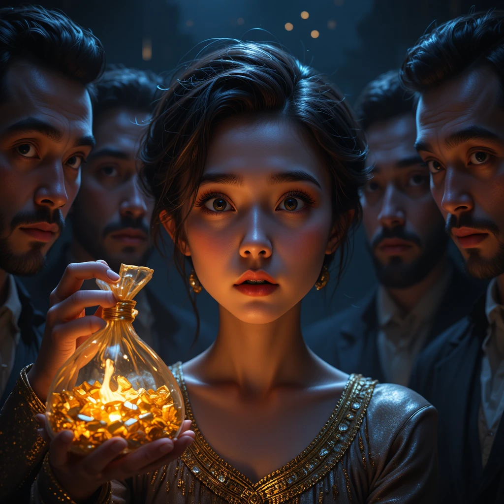 Man tempted by suspicious men offering a bag of gold